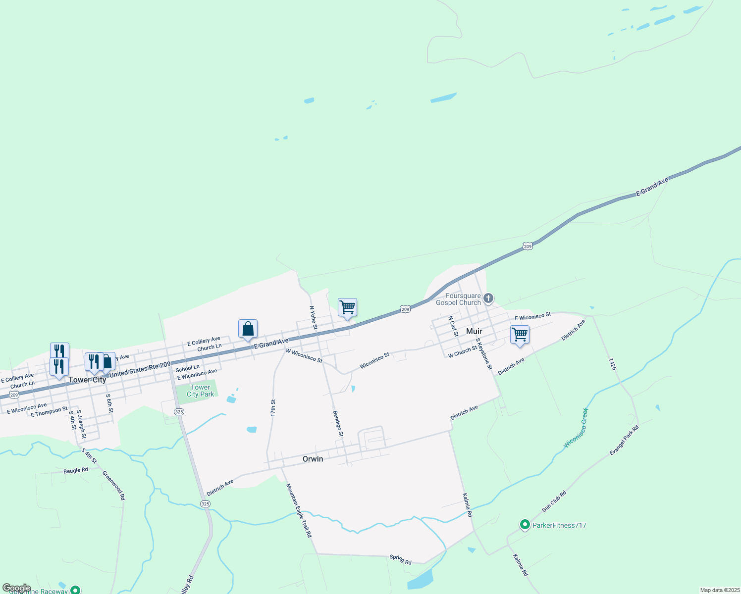 map of restaurants, bars, coffee shops, grocery stores, and more near 2117 East Grand Avenue in Tower City