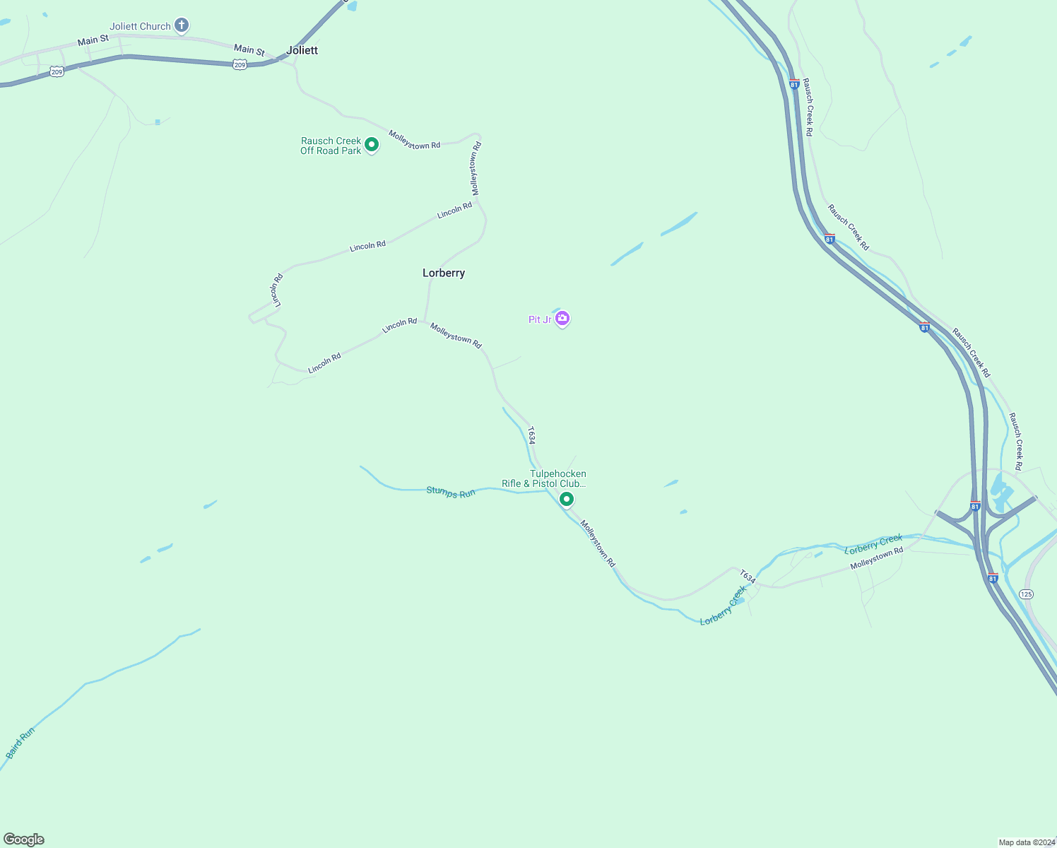 map of restaurants, bars, coffee shops, grocery stores, and more near Molleystown Road in Pine Grove
