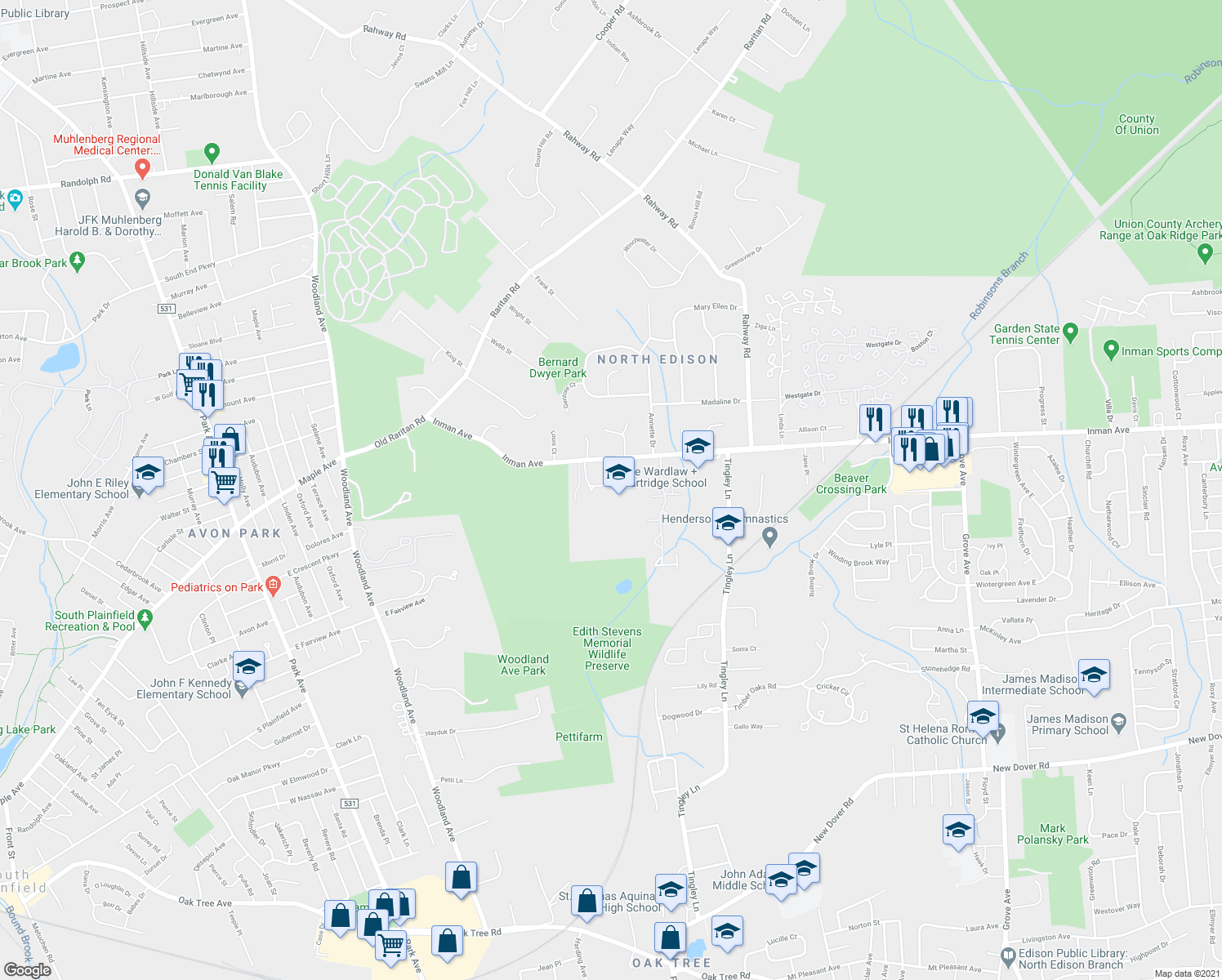 map of restaurants, bars, coffee shops, grocery stores, and more near 1295 Inman Avenue in Edison