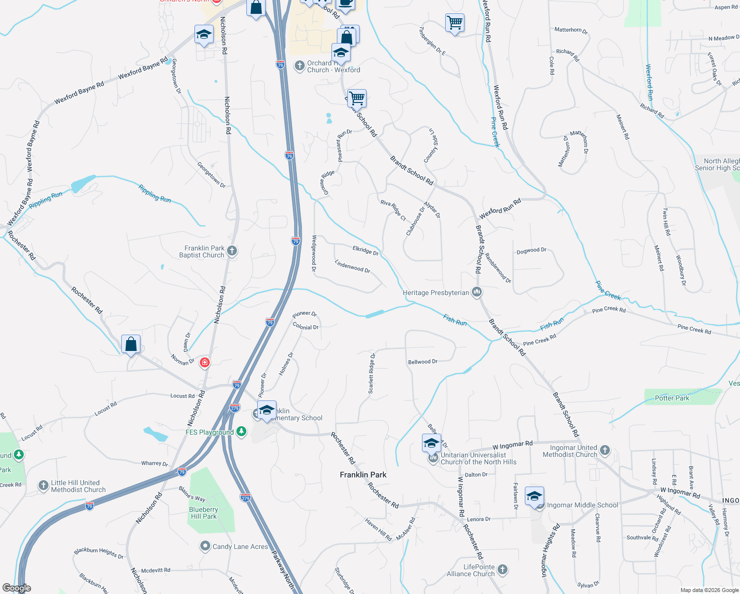 map of restaurants, bars, coffee shops, grocery stores, and more near 2476 Wedgewood Drive in Wexford
