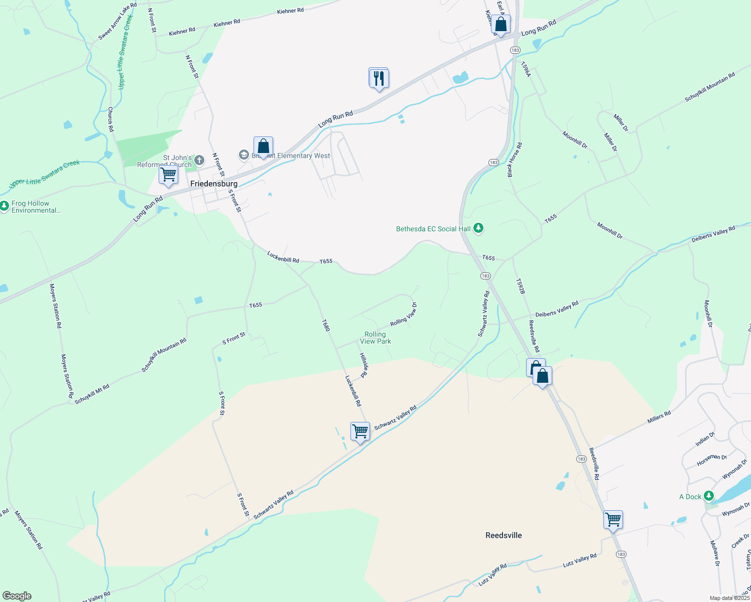 map of restaurants, bars, coffee shops, grocery stores, and more near 173 Rolling View Drive in Schuylkill Haven