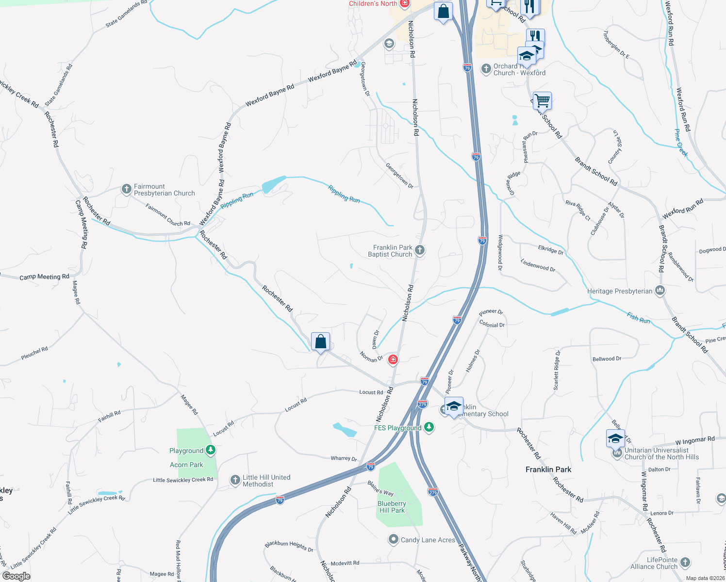 map of restaurants, bars, coffee shops, grocery stores, and more near 1414 Mystic Valley Drive in Sewickley