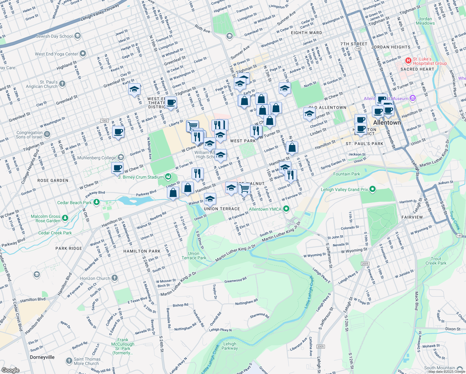 map of restaurants, bars, coffee shops, grocery stores, and more near 27 South Saint Cloud Street in Allentown