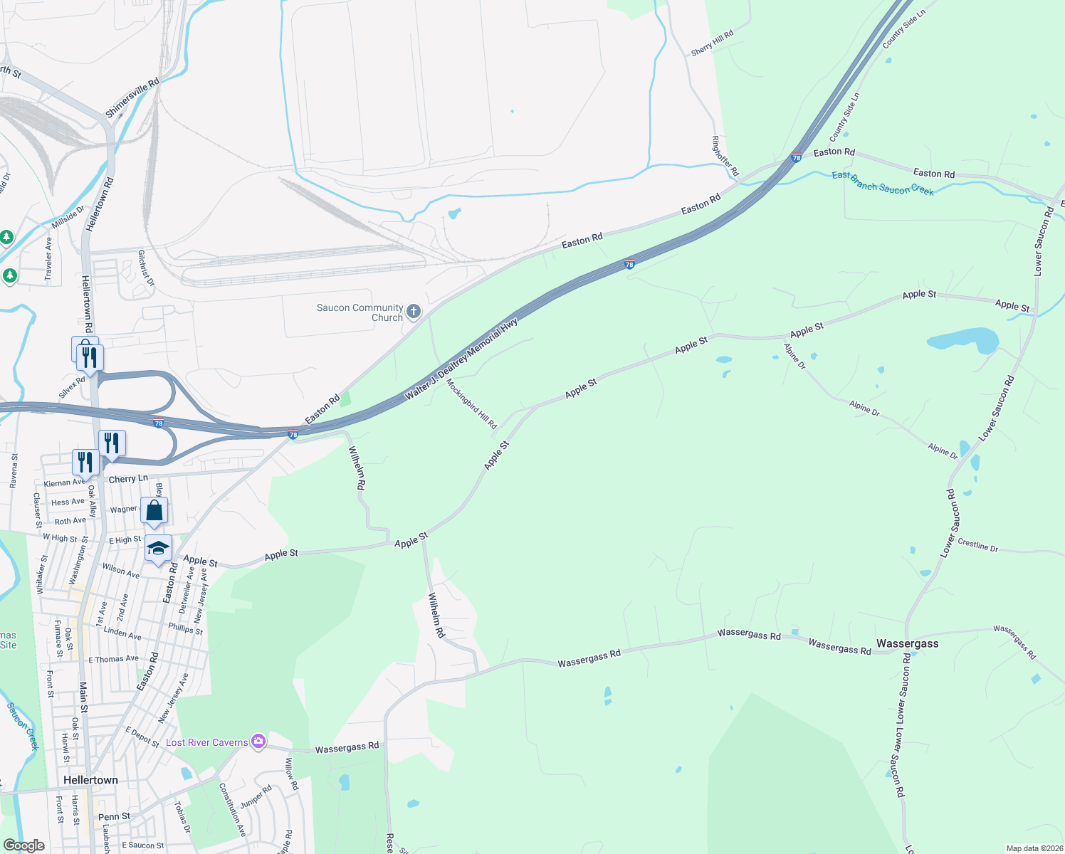 map of restaurants, bars, coffee shops, grocery stores, and more near 2260 Apple Street in Hellertown