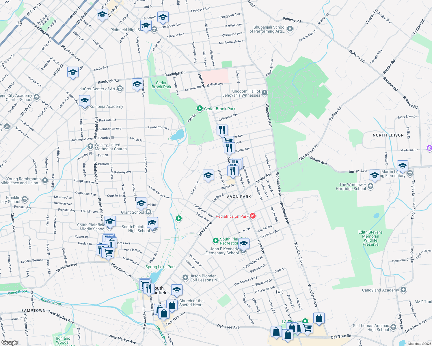 map of restaurants, bars, coffee shops, grocery stores, and more near 209 Chambers Street in South Plainfield