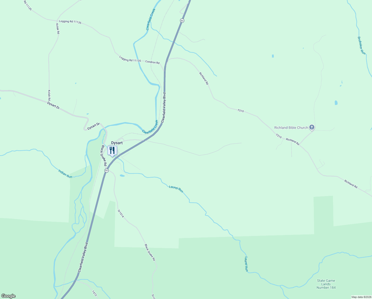 map of restaurants, bars, coffee shops, grocery stores, and more near 120 Coal Bank Road in Dysart