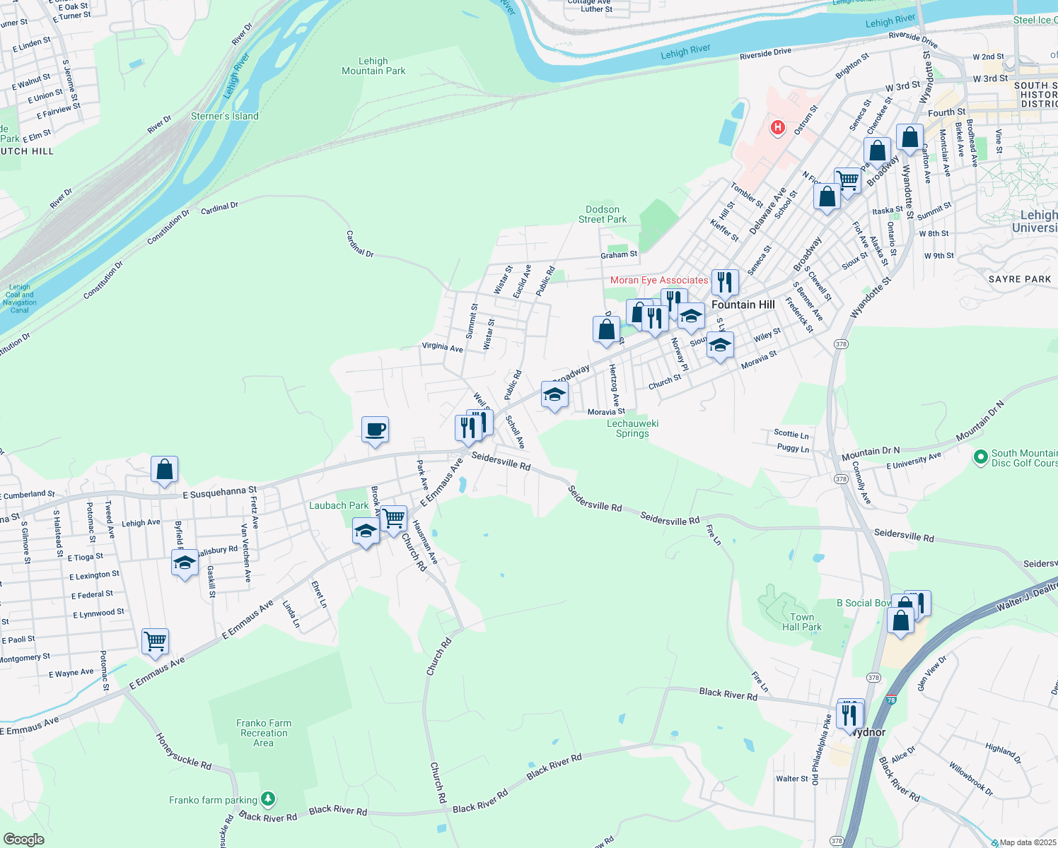 map of restaurants, bars, coffee shops, grocery stores, and more near 616 Ash Street in Bethlehem