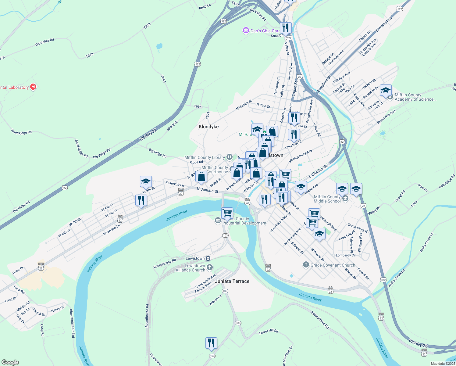 map of restaurants, bars, coffee shops, grocery stores, and more near 3 North Grand Street in Lewistown