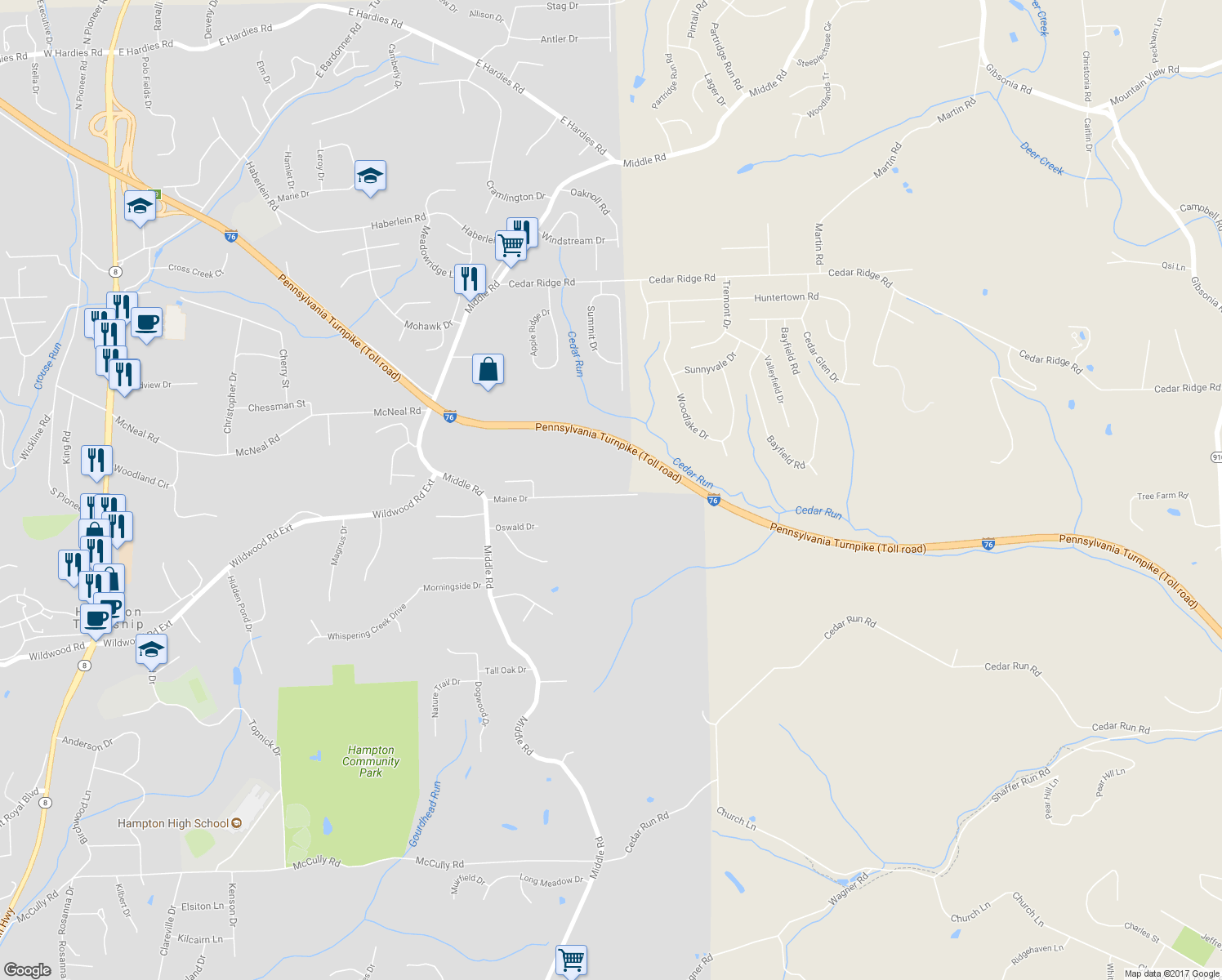 map of restaurants, bars, coffee shops, grocery stores, and more near 3311 Maine Drive in Hampton Township