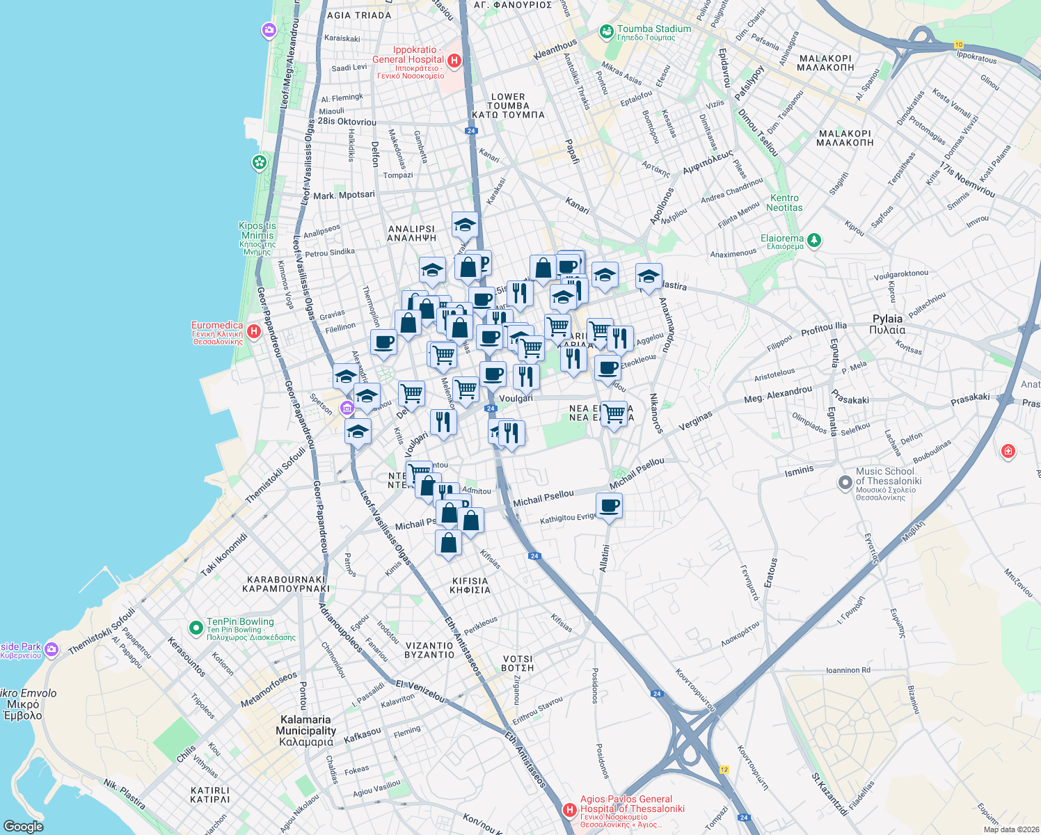 map of restaurants, bars, coffee shops, grocery stores, and more near in Thessaloniki