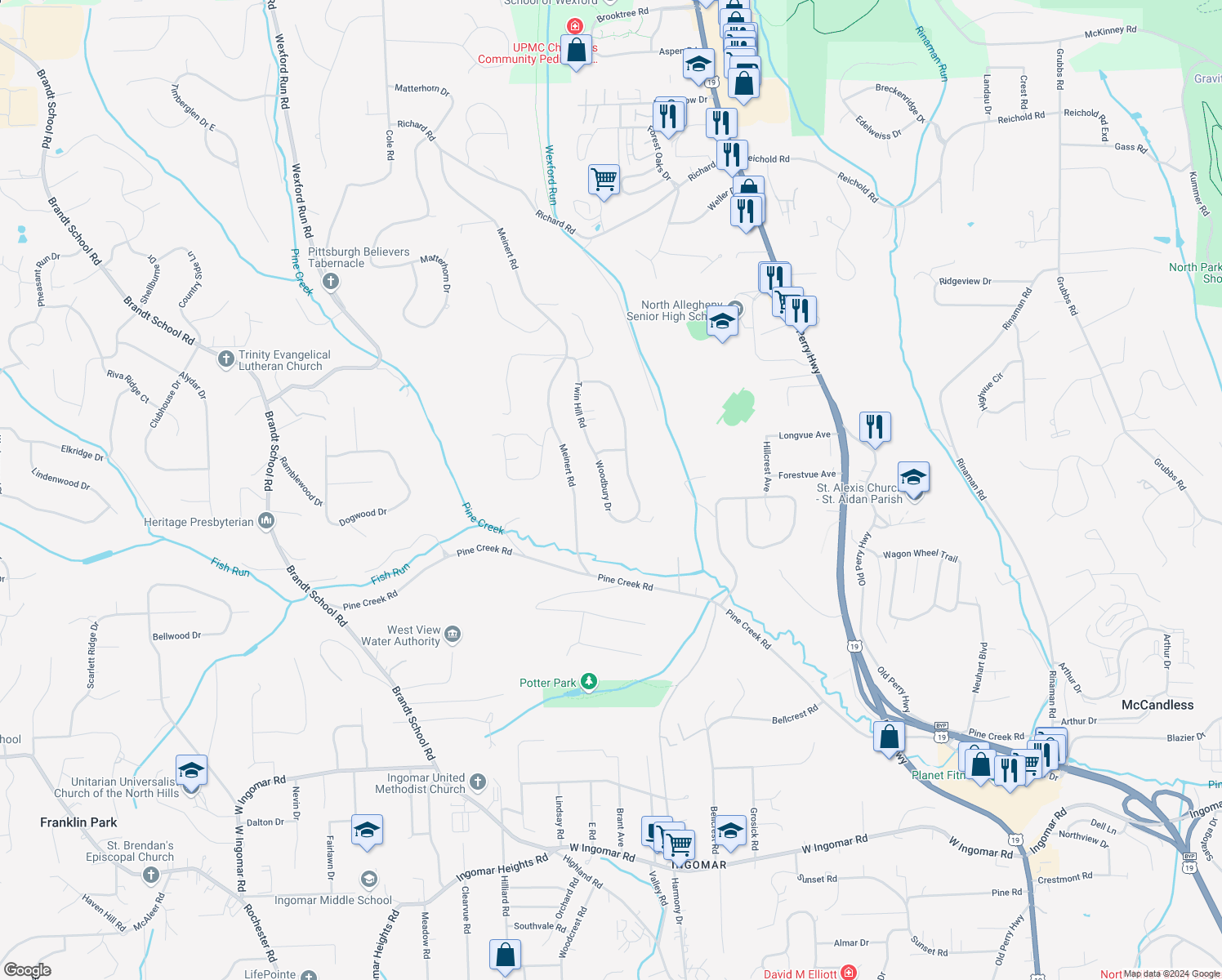 map of restaurants, bars, coffee shops, grocery stores, and more near 10141 Woodbury Drive in Wexford