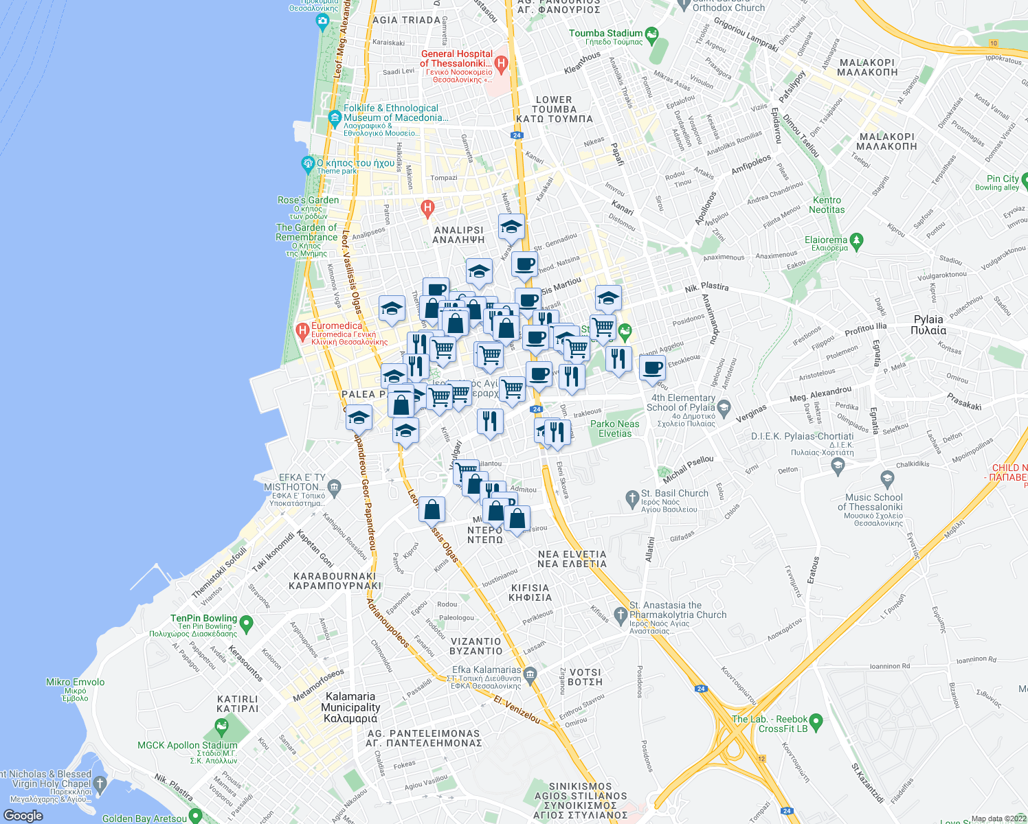 map of restaurants, bars, coffee shops, grocery stores, and more near in Thessaloniki