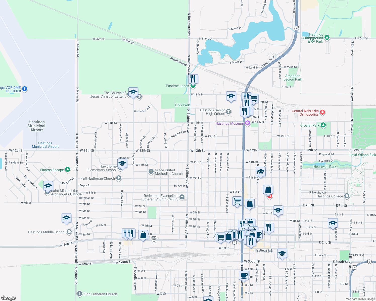 map of restaurants, bars, coffee shops, grocery stores, and more near 1200 North Baltimore Avenue in Hastings