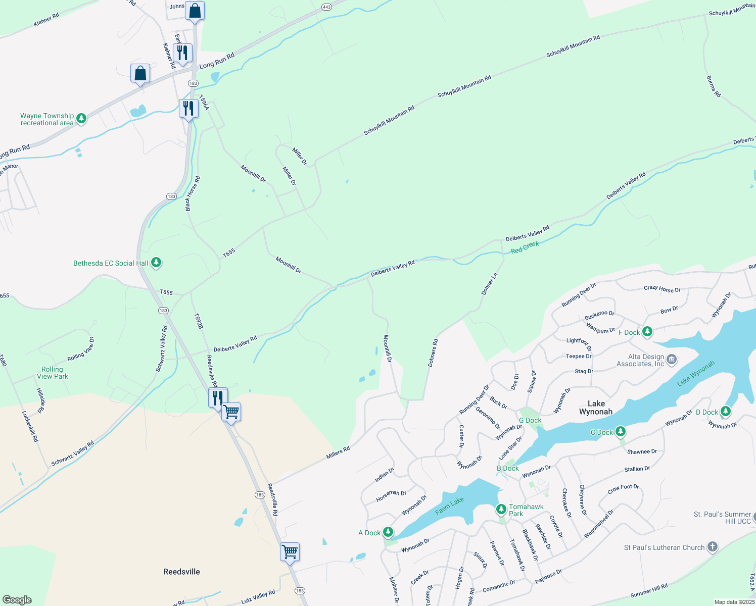 map of restaurants, bars, coffee shops, grocery stores, and more near 288 Moonhill Drive in Schuylkill Haven