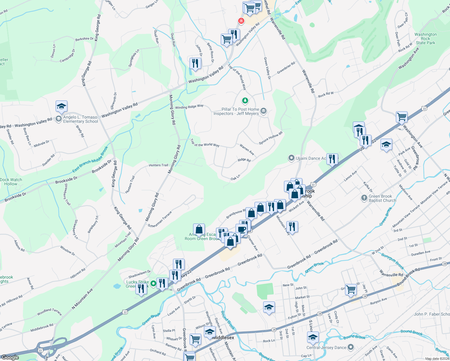 map of restaurants, bars, coffee shops, grocery stores, and more near 17 Oak Lane in Green Brook Township