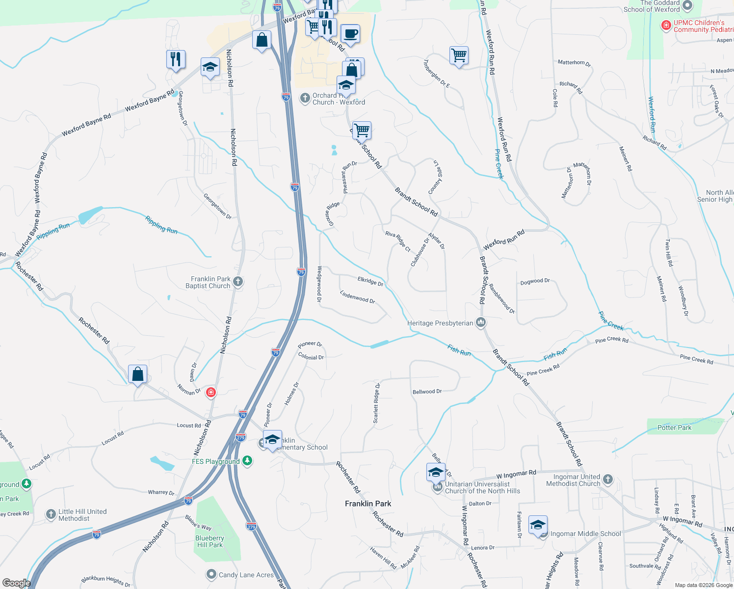 map of restaurants, bars, coffee shops, grocery stores, and more near 2519 Lindenwood Drive in Wexford