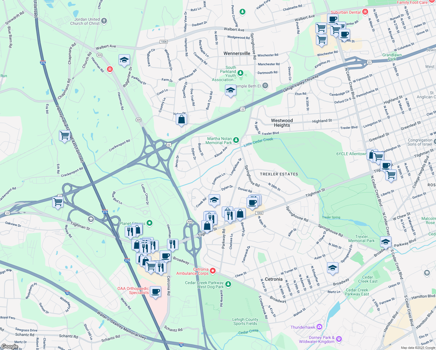 map of restaurants, bars, coffee shops, grocery stores, and more near 958 Little Cedar Court in Allentown