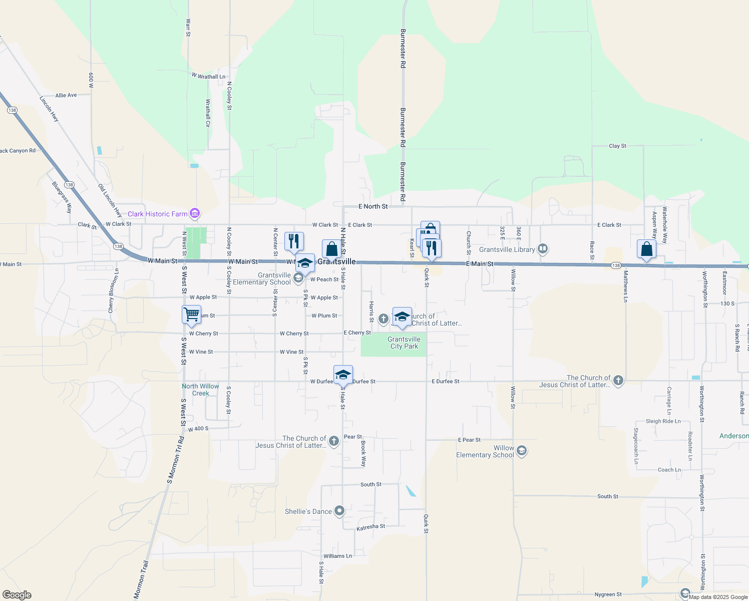 map of restaurants, bars, coffee shops, grocery stores, and more near 113 Harris Street in Grantsville