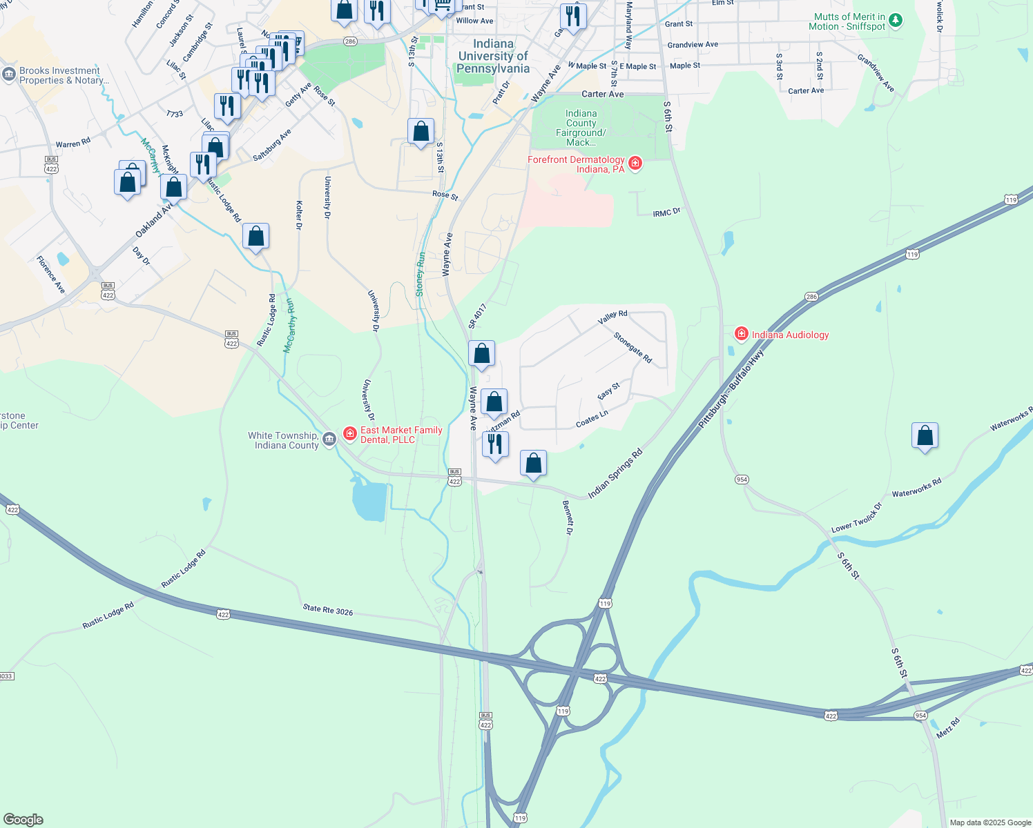 map of restaurants, bars, coffee shops, grocery stores, and more near 694 Stutzman Road in Indiana