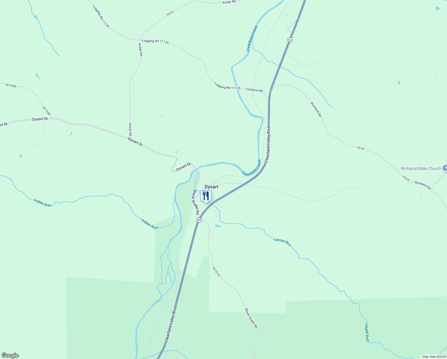 map of restaurants, bars, coffee shops, grocery stores, and more near 120 Coal Bank Road in Dysart