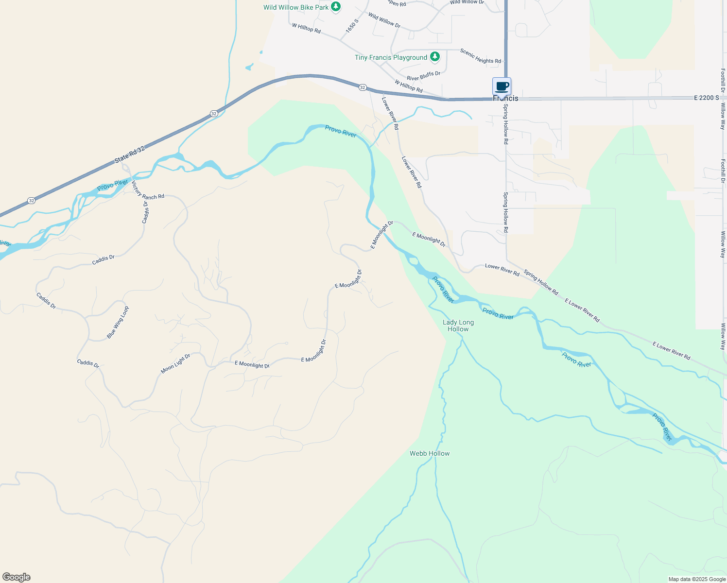 map of restaurants, bars, coffee shops, grocery stores, and more near 7398 East Moonlight Drive in Kamas