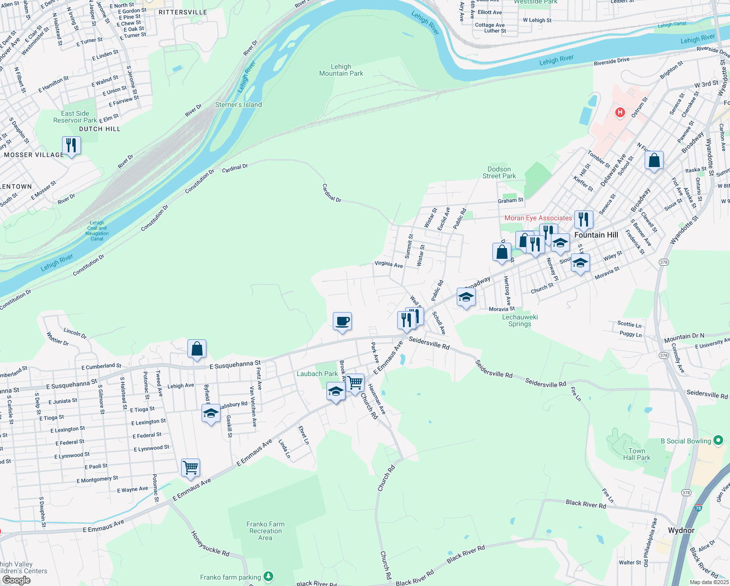 map of restaurants, bars, coffee shops, grocery stores, and more near 825 Kern Street in Bethlehem
