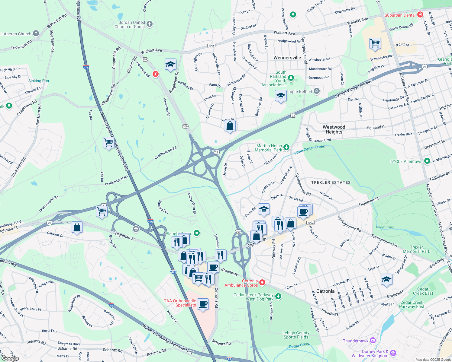 map of restaurants, bars, coffee shops, grocery stores, and more near 1024 Jervin Dr in Allentown