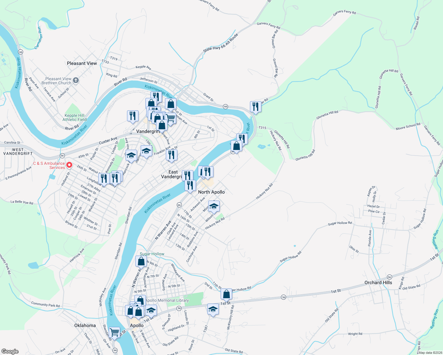 map of restaurants, bars, coffee shops, grocery stores, and more near 2011 Acheson Avenue in Apollo
