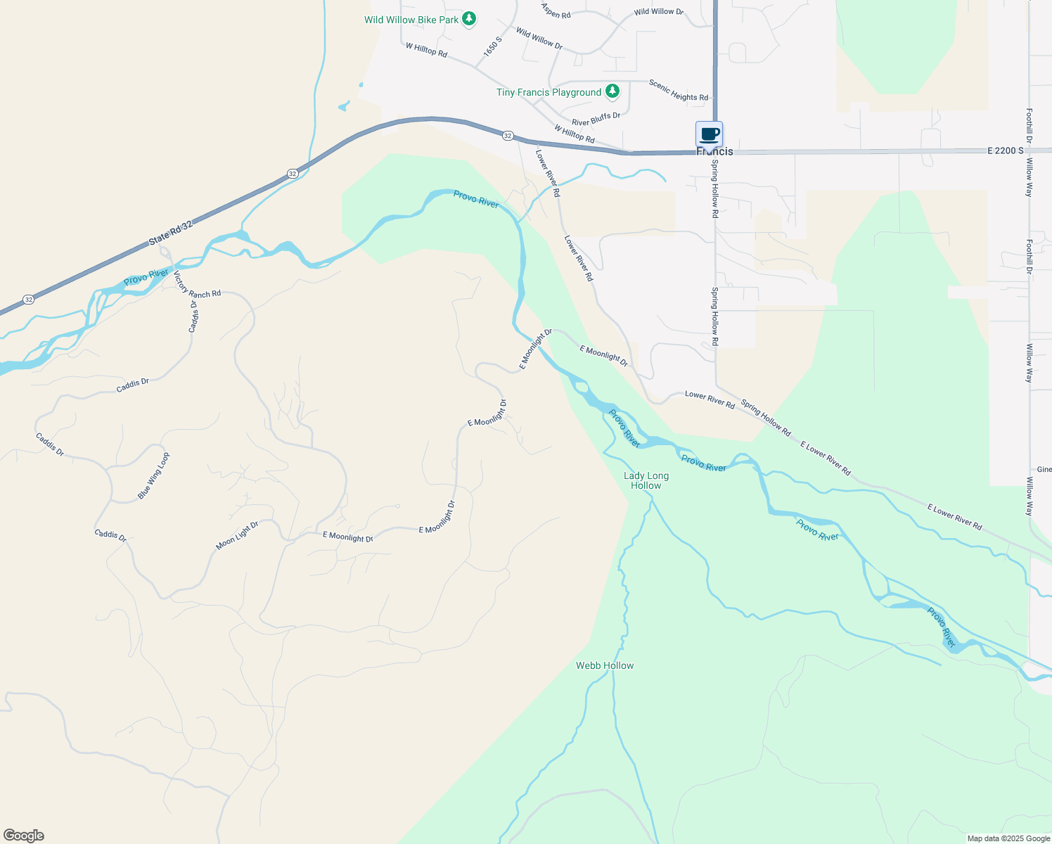map of restaurants, bars, coffee shops, grocery stores, and more near 7551 East Stardust Court in Hideout