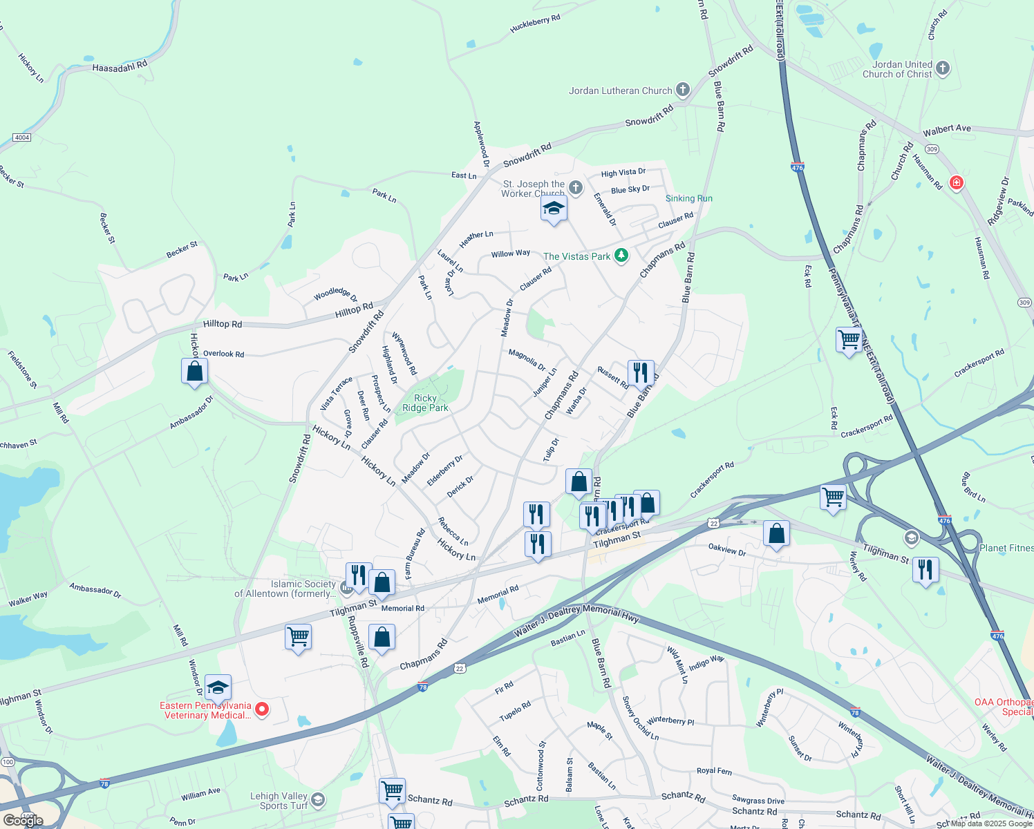 map of restaurants, bars, coffee shops, grocery stores, and more near 1330 Cathedral Lane in Orefield