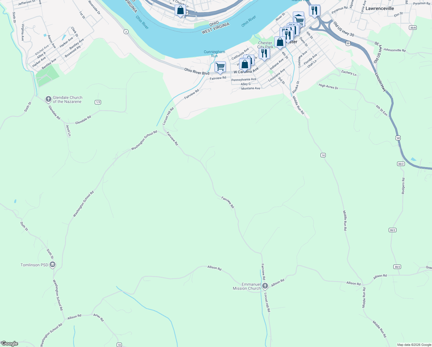 map of restaurants, bars, coffee shops, grocery stores, and more near County Highway 5 in Chester