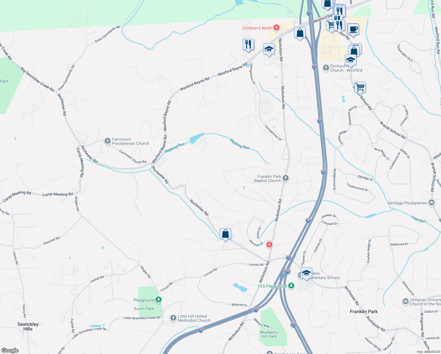 map of restaurants, bars, coffee shops, grocery stores, and more near 1433 Mystic Valley Drive in Sewickley