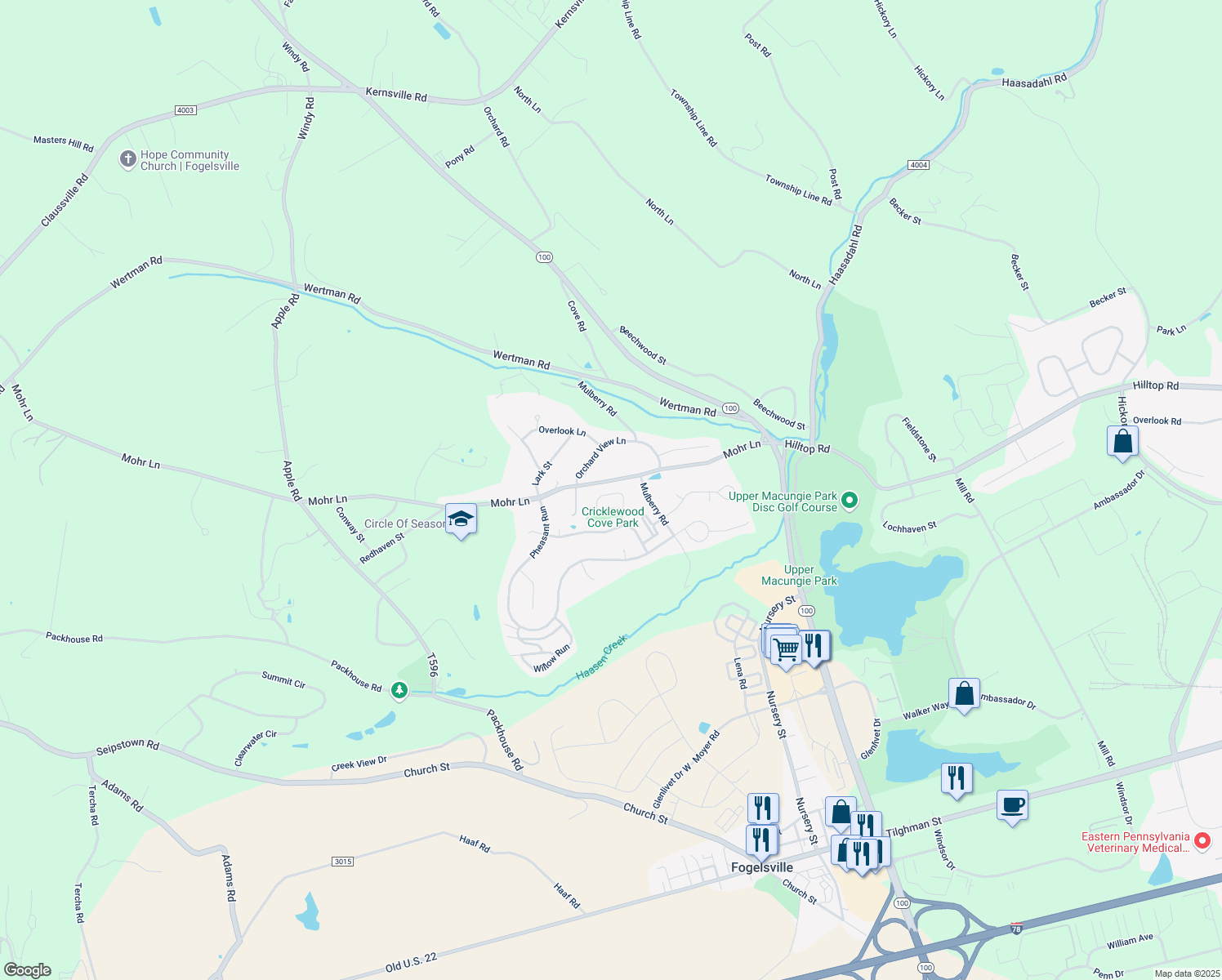 map of restaurants, bars, coffee shops, grocery stores, and more near 1959 Cricklewood Cove in Fogelsville