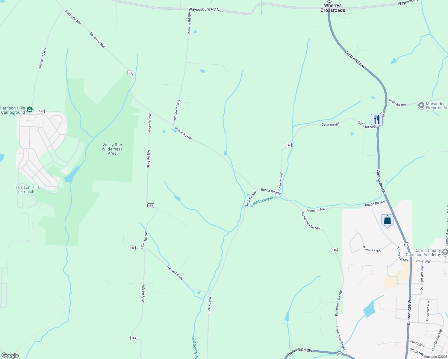 map of restaurants, bars, coffee shops, grocery stores, and more near 1126 Bacon Road Northwest in Carrollton