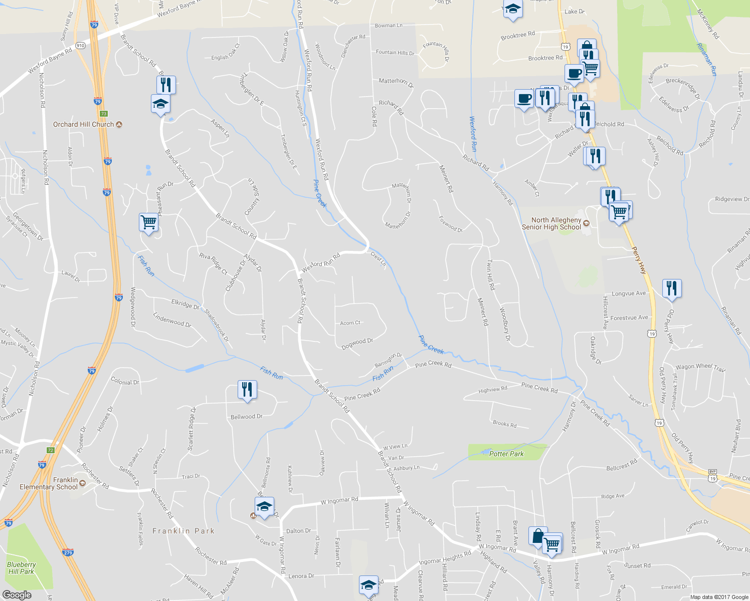 map of restaurants, bars, coffee shops, grocery stores, and more near 2437 Dogwood Drive in Wexford