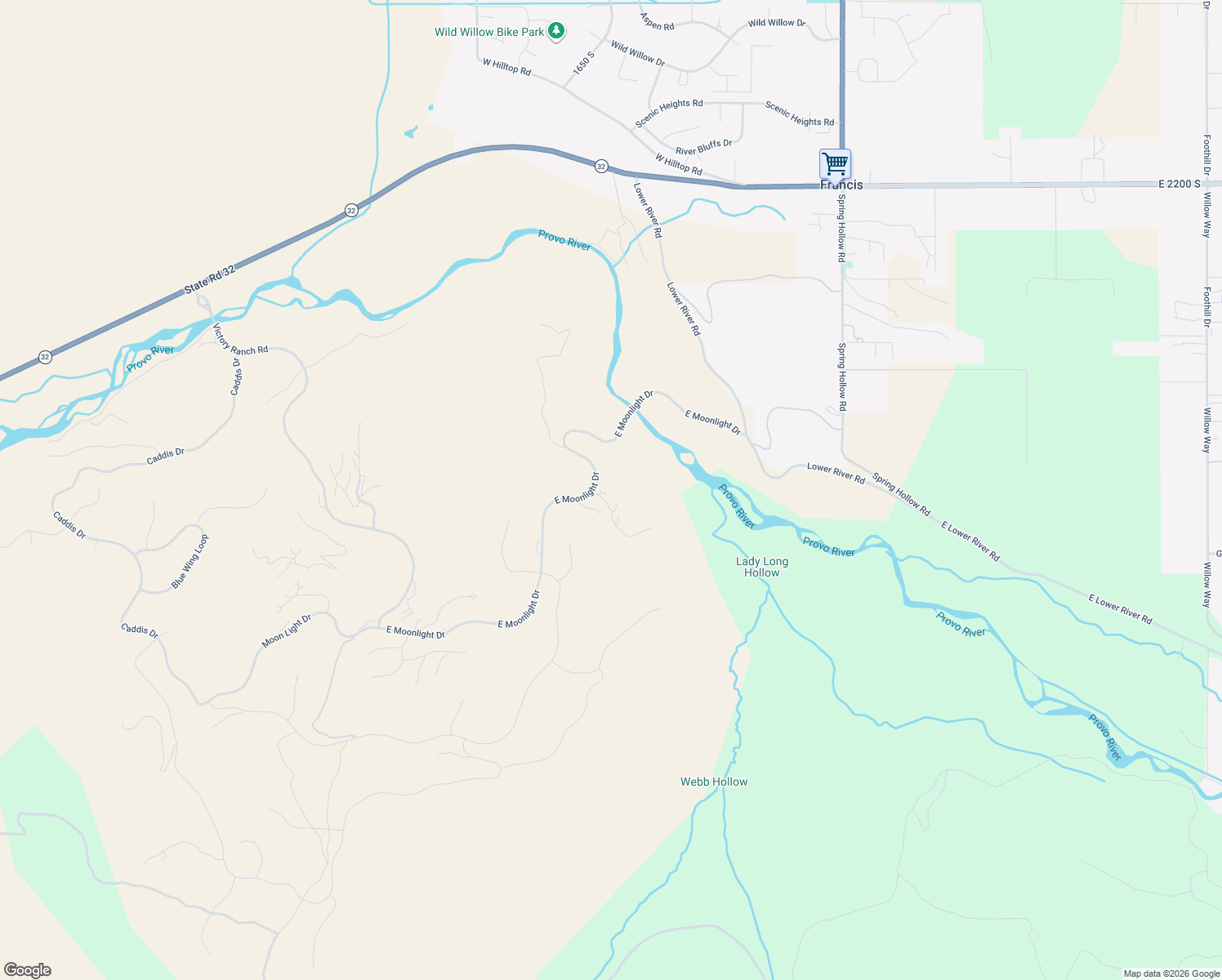 map of restaurants, bars, coffee shops, grocery stores, and more near 7465 East Stardust Court in Hideout