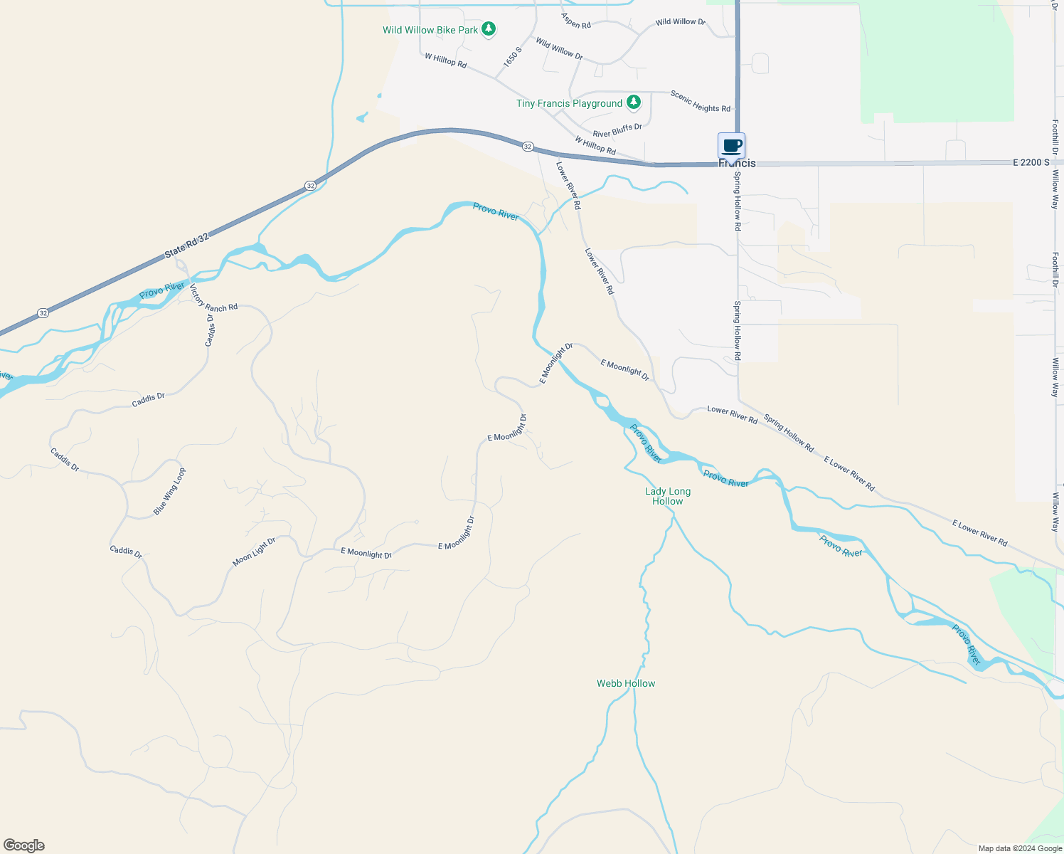 map of restaurants, bars, coffee shops, grocery stores, and more near 7461 East Stardust Court in Hideout