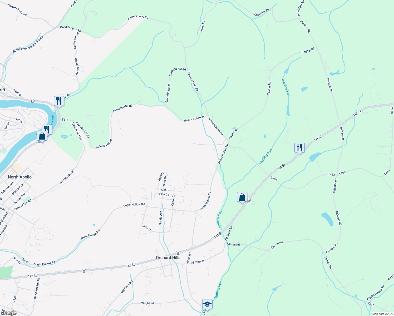 map of restaurants, bars, coffee shops, grocery stores, and more near 1459 Sugar Hollow Road in Apollo