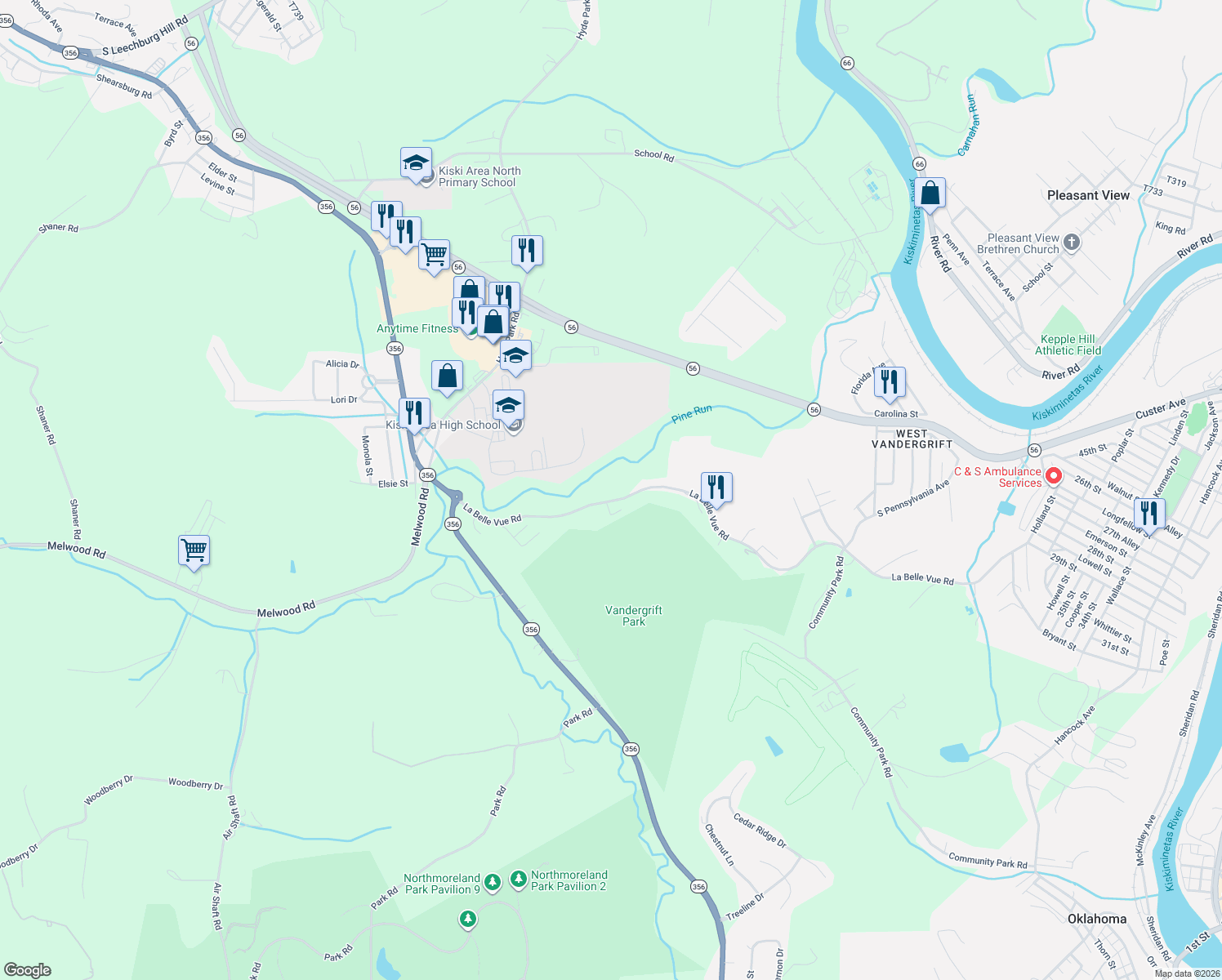 map of restaurants, bars, coffee shops, grocery stores, and more near 411 La Belle Vue Rd in Vandergrift