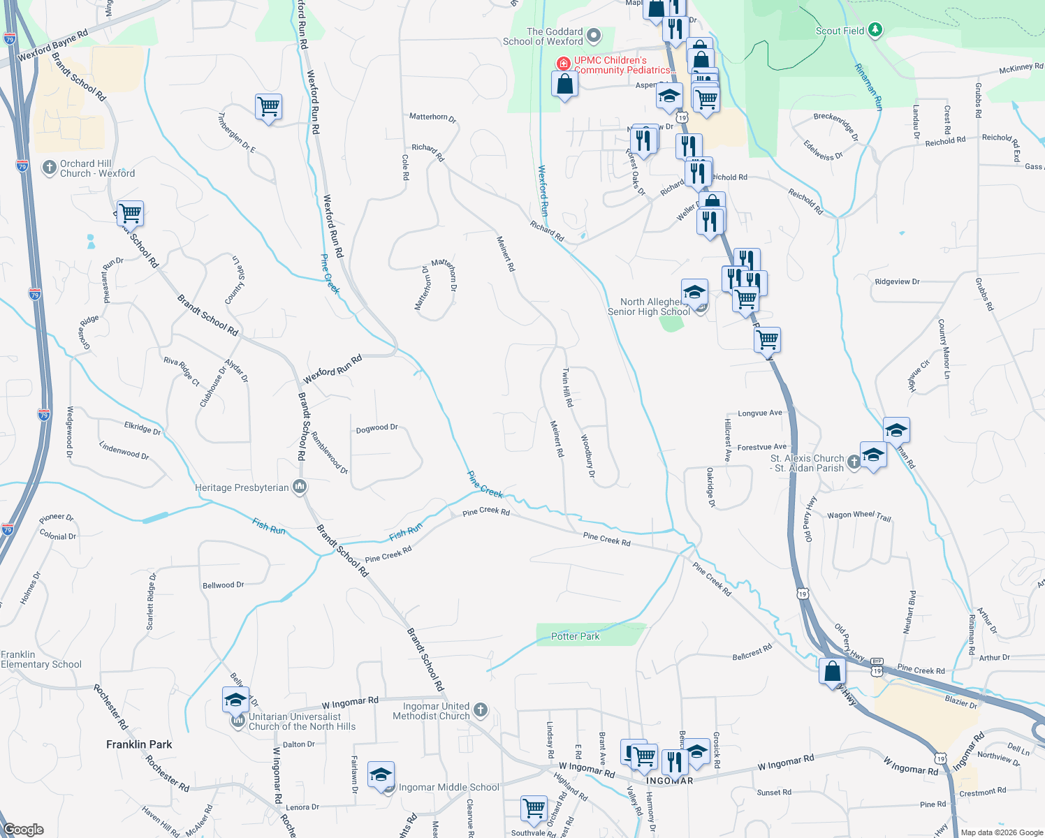 map of restaurants, bars, coffee shops, grocery stores, and more near 10194 Sudberry Drive in Wexford