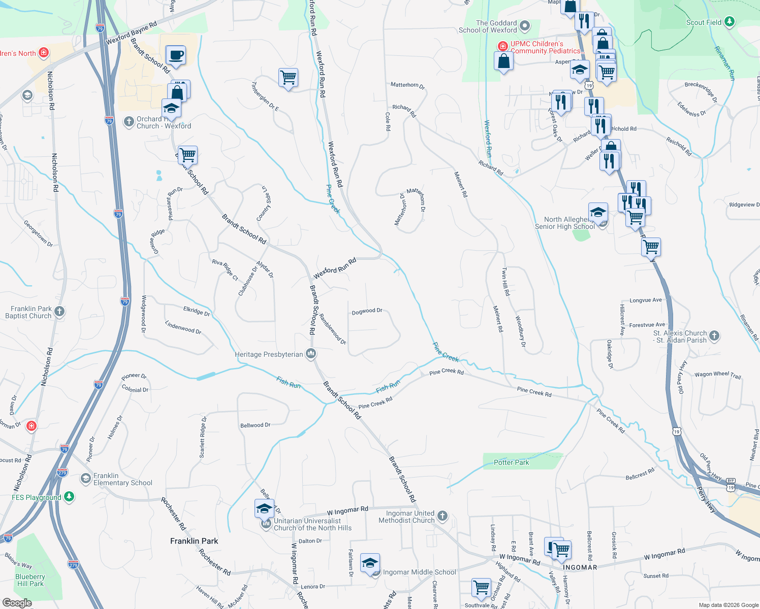 map of restaurants, bars, coffee shops, grocery stores, and more near 2437 Dogwood Drive in Wexford