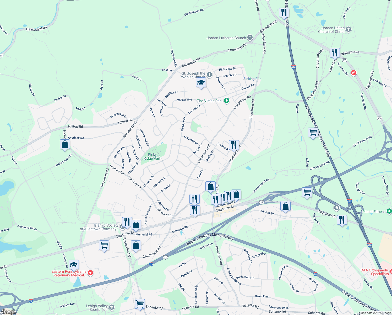 map of restaurants, bars, coffee shops, grocery stores, and more near 1328 Warba Drive in Lehigh County