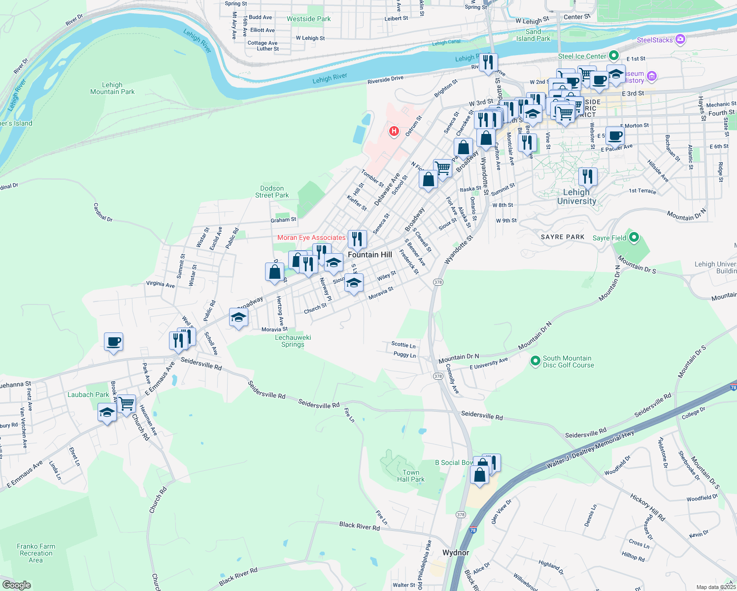 map of restaurants, bars, coffee shops, grocery stores, and more near 725 South Lynn Street in Fountain Hill
