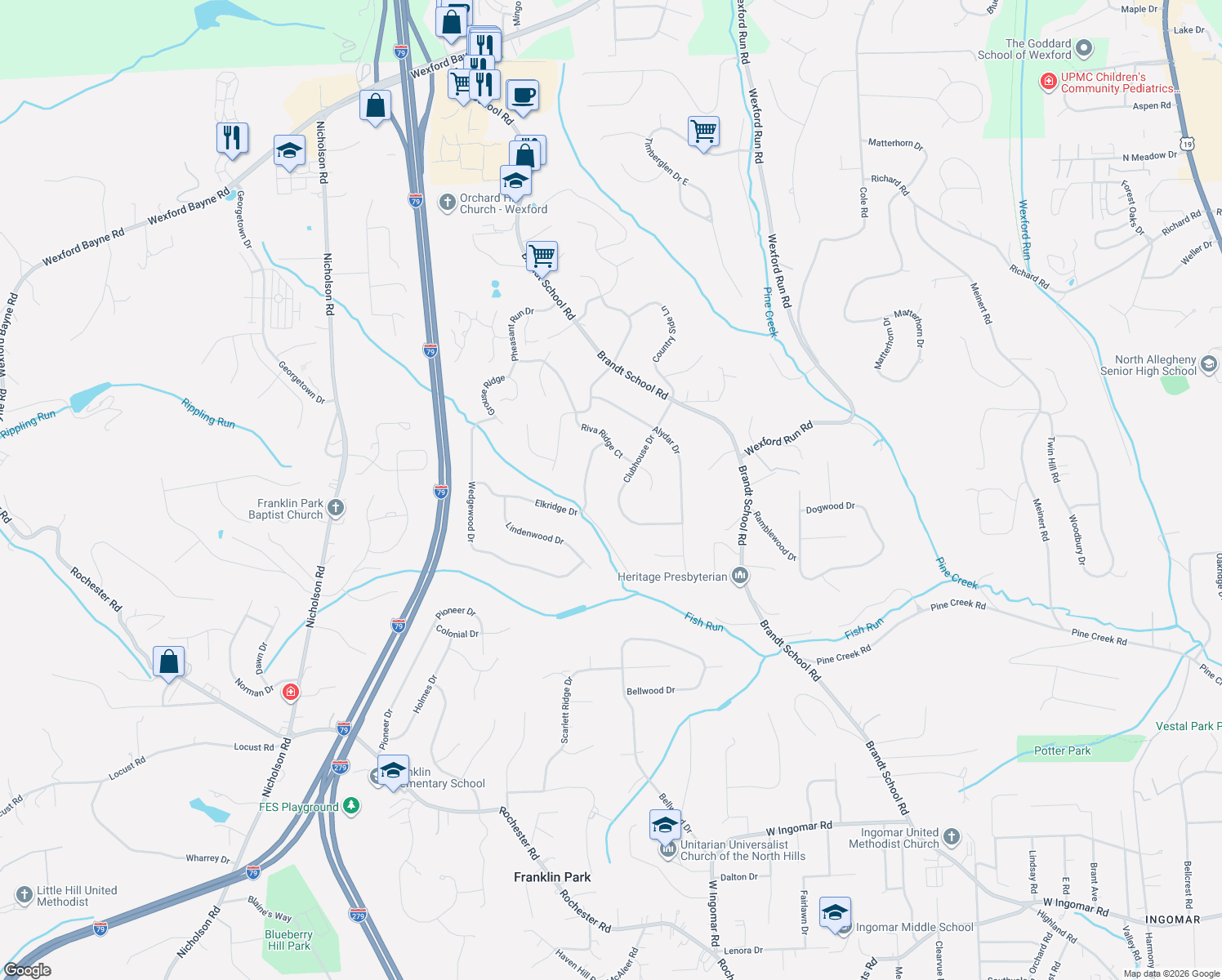 map of restaurants, bars, coffee shops, grocery stores, and more near 2528 Clubhouse Dr in Wexford