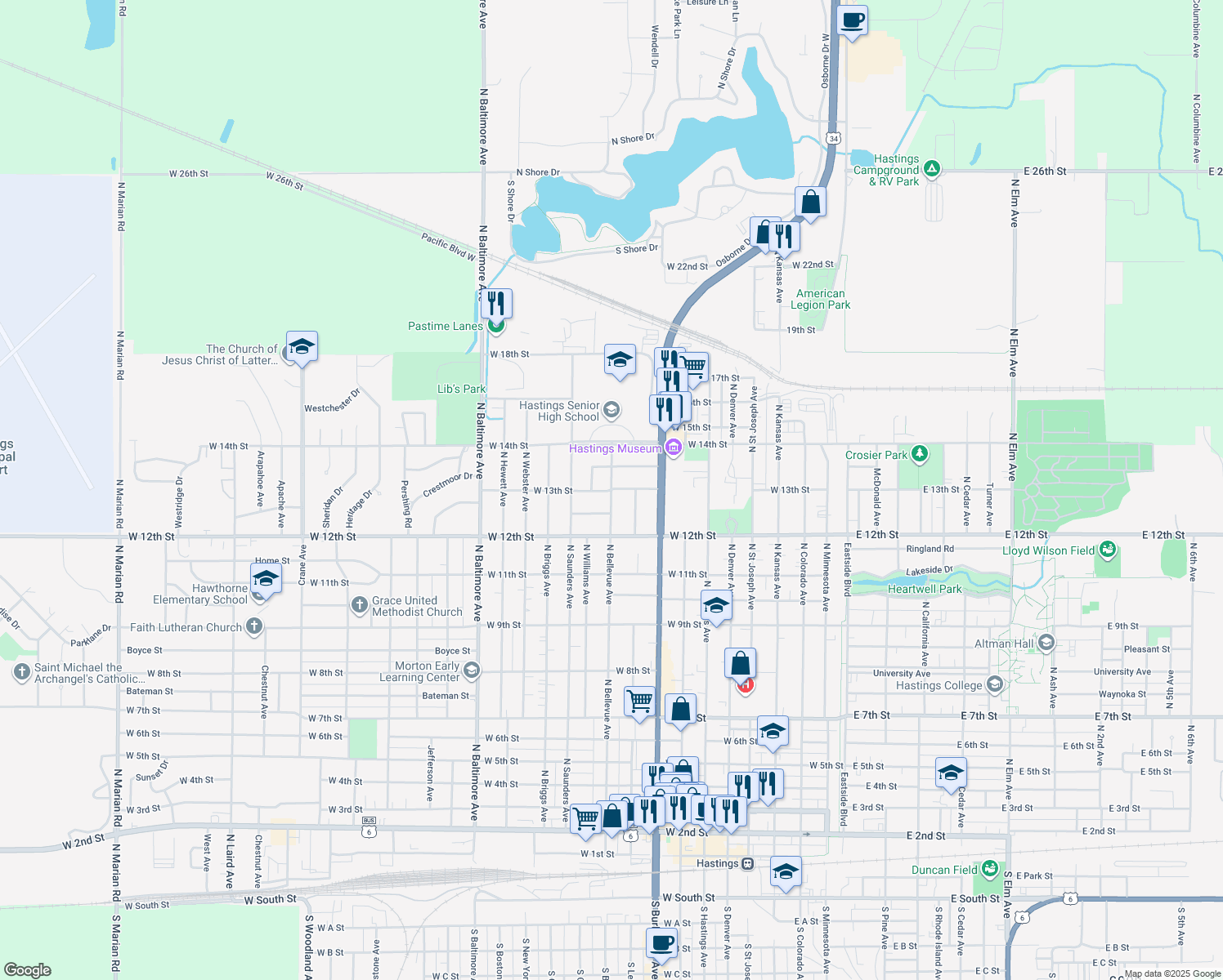 map of restaurants, bars, coffee shops, grocery stores, and more near 1098 W 13th St in Hastings