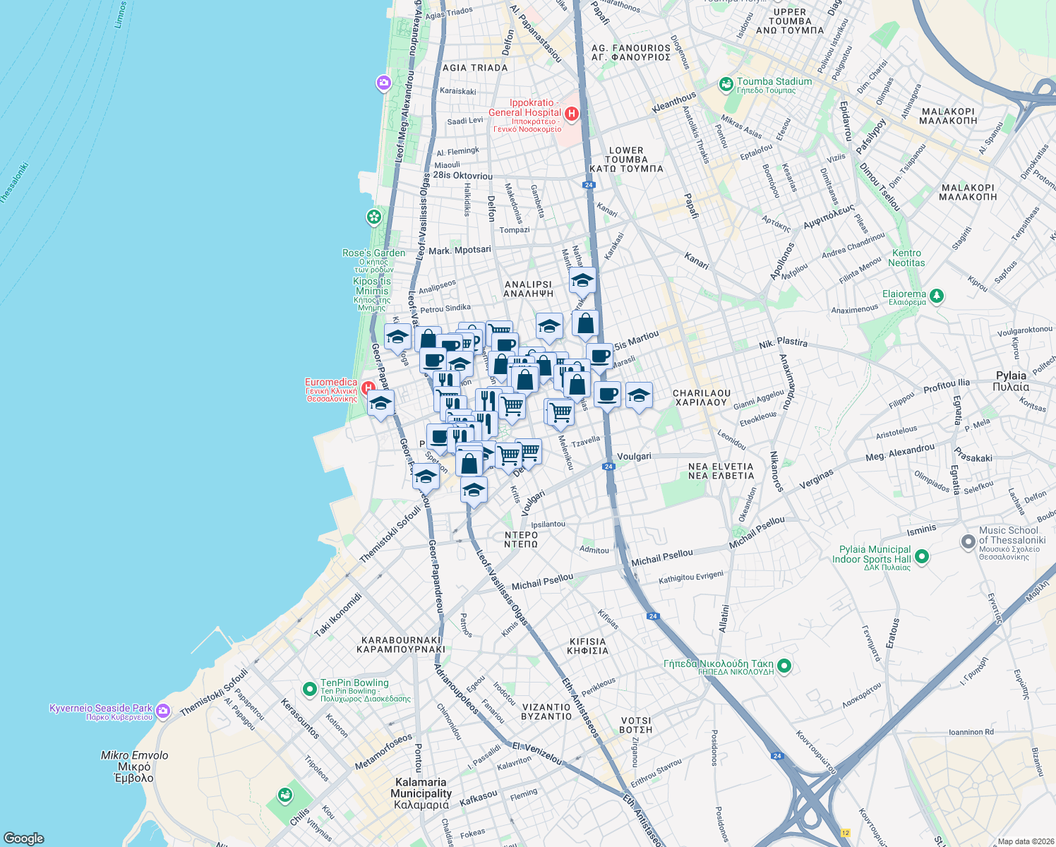map of restaurants, bars, coffee shops, grocery stores, and more near in Thessaloniki