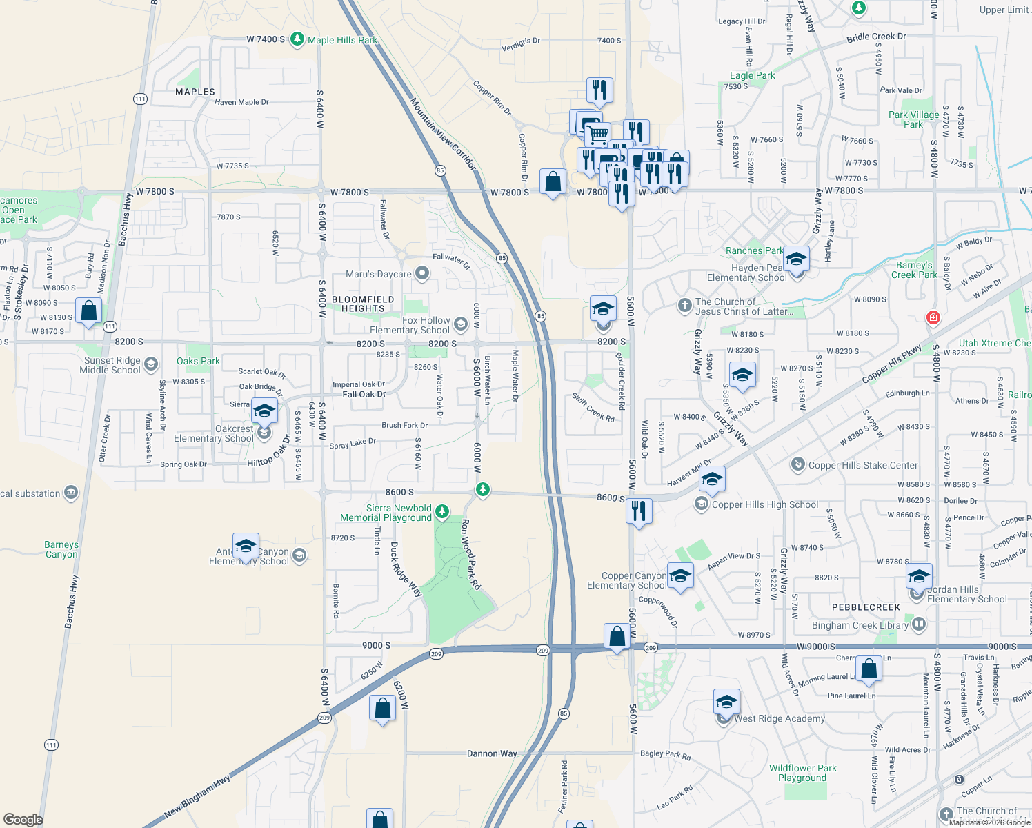 map of restaurants, bars, coffee shops, grocery stores, and more near 8402 Maple Water Drive in West Jordan