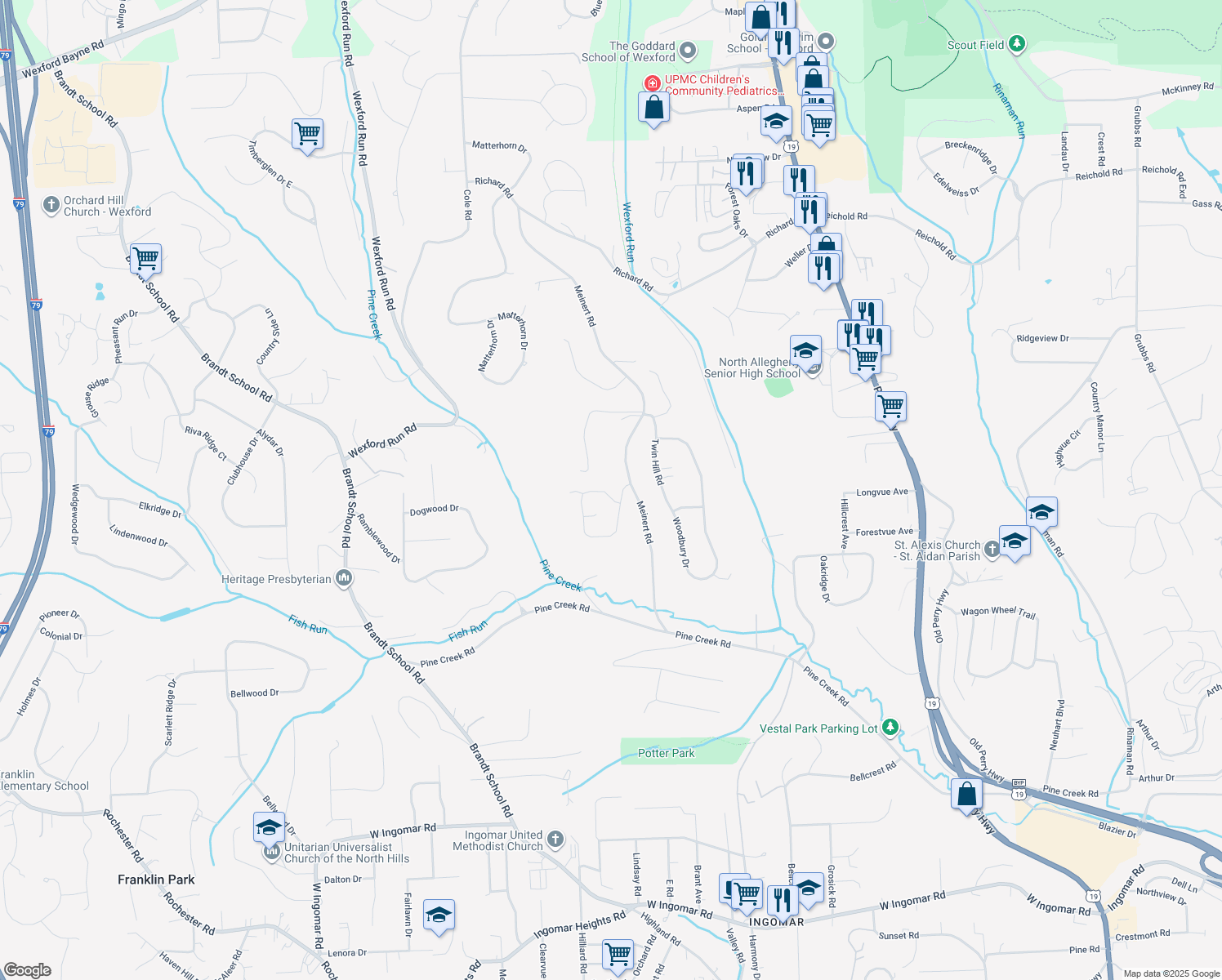 map of restaurants, bars, coffee shops, grocery stores, and more near 10194 Sudberry Drive in Wexford