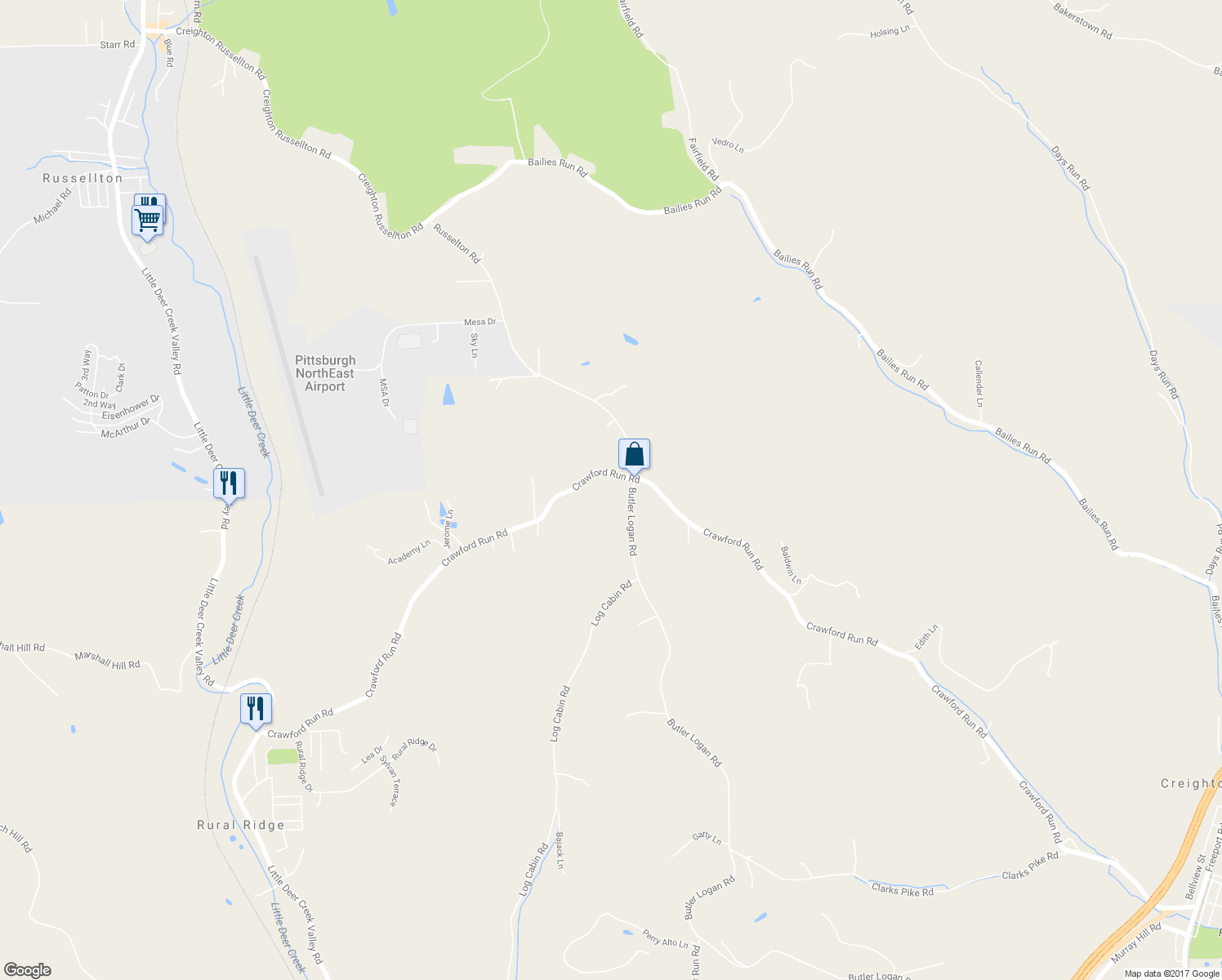 map of restaurants, bars, coffee shops, grocery stores, and more near 2530 Butler Logan Road in Tarentum