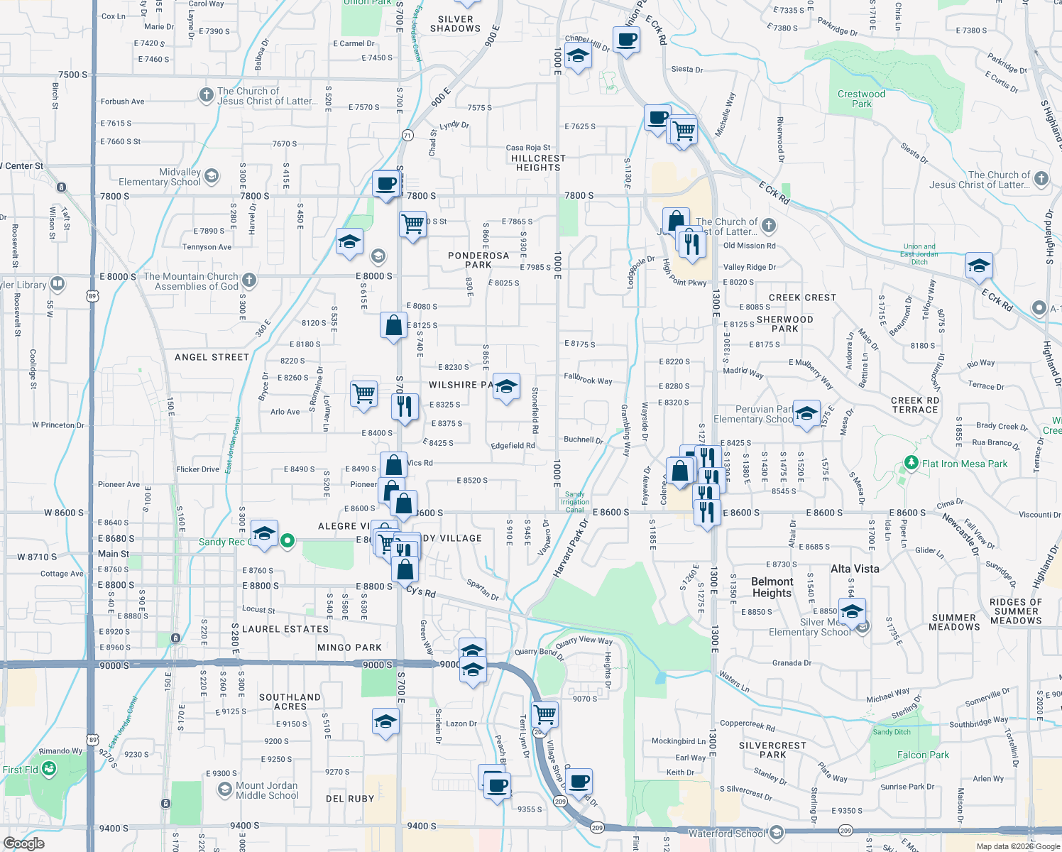 map of restaurants, bars, coffee shops, grocery stores, and more near 8388 Stonefield Rd in Sandy